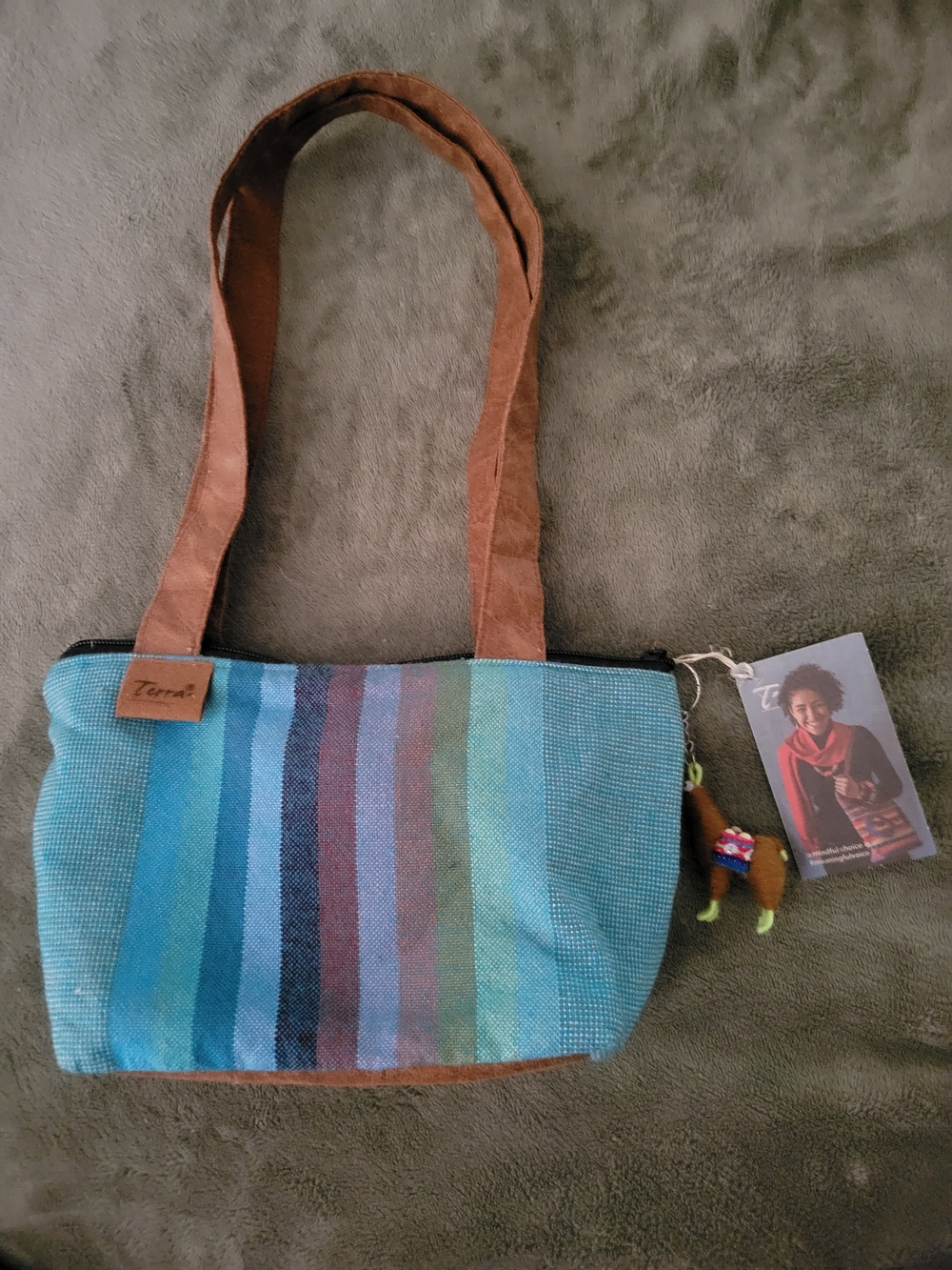 Terra Blue Multi-Stripe Shoulder Bag with Brown Straps And Llama Keychain
